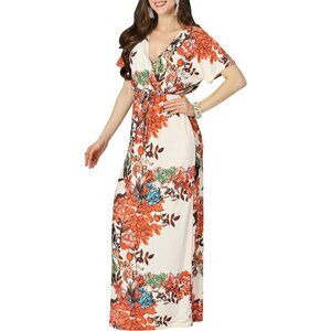 Womens Long Floral Maxi Dress Ivory White Kimono Sleeve Evening Gown